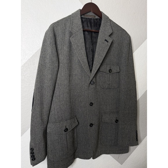 Tasso Elba Men's Gray Herringbone Wool Blend Blazer Coat Elbow Patches L 42-44 - Picture 16 of 16